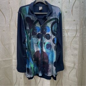 Dolcezza Art Simply Button Down Women‎ XXL Navy Abstract Mixed Media Excellent